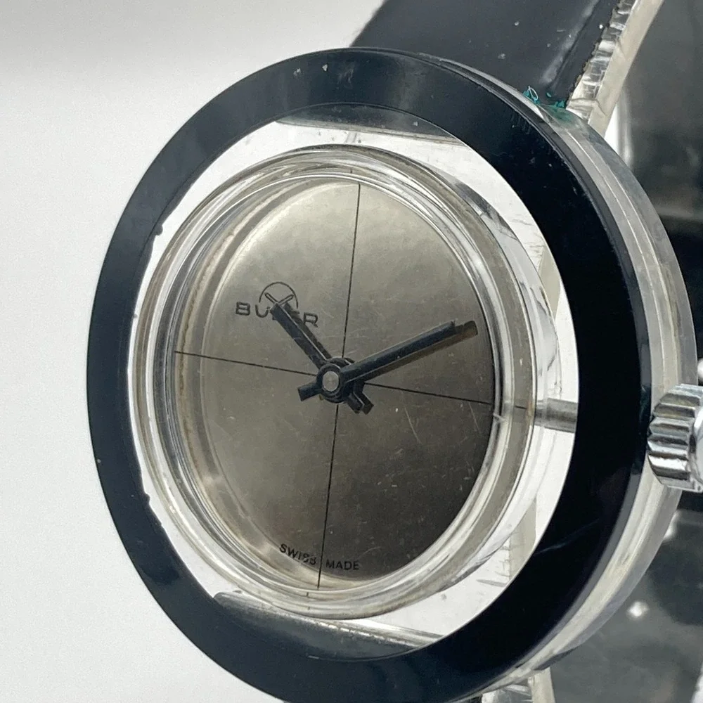 Vintage Buler Mens Womens Watch 40mm Black Silver Tone Swiss Made Manual Wind Up